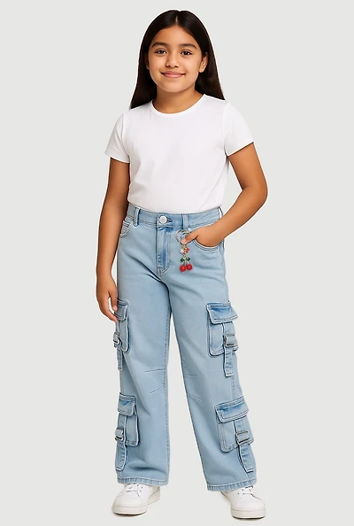 Girls Pull Tab Utility Jeans with Cherry Charm, Blue,