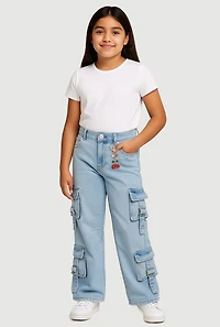 Girls Pull Tab Utility Jeans with Cherry Charm, Blue,
