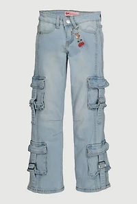 Girls Pull Tab Utility Jeans with Cherry Charm, Blue,