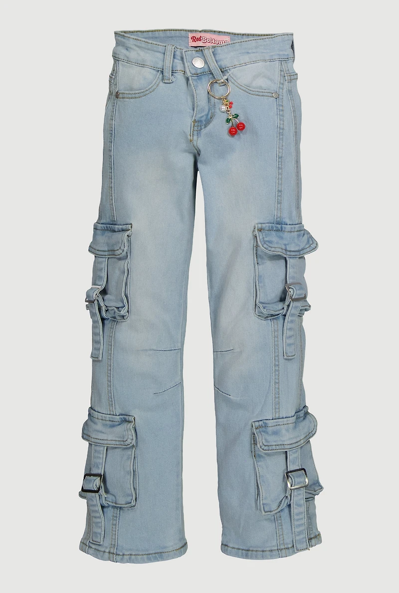 Girls Pull Tab Utility Jeans with Cherry Charm, Blue,