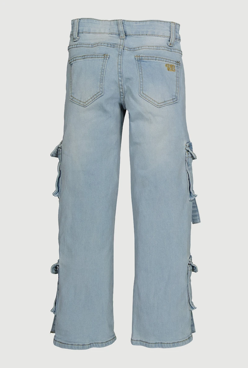 Girls Pull Tab Utility Jeans with Cherry Charm, Blue,