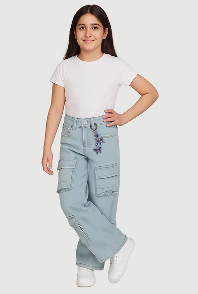 Girls Denim Utility Jeans with Rhinestone Butterfly Charm, Blue,