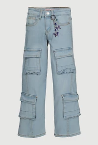 Girls Denim Utility Jeans with Rhinestone Butterfly Charm, Blue,