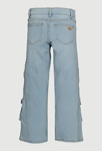 Girls Denim Utility Jeans with Rhinestone Butterfly Charm, Blue,