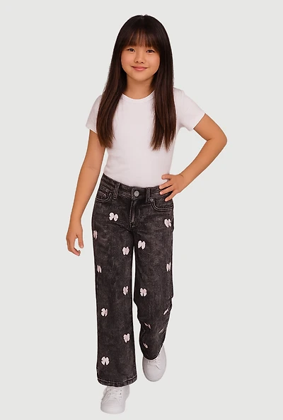 Girls Acid Wash Straight Leg Bow Detail Jeans