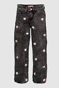 Girls Acid Wash Straight Leg Bow Detail Jeans, Grey, Size 14