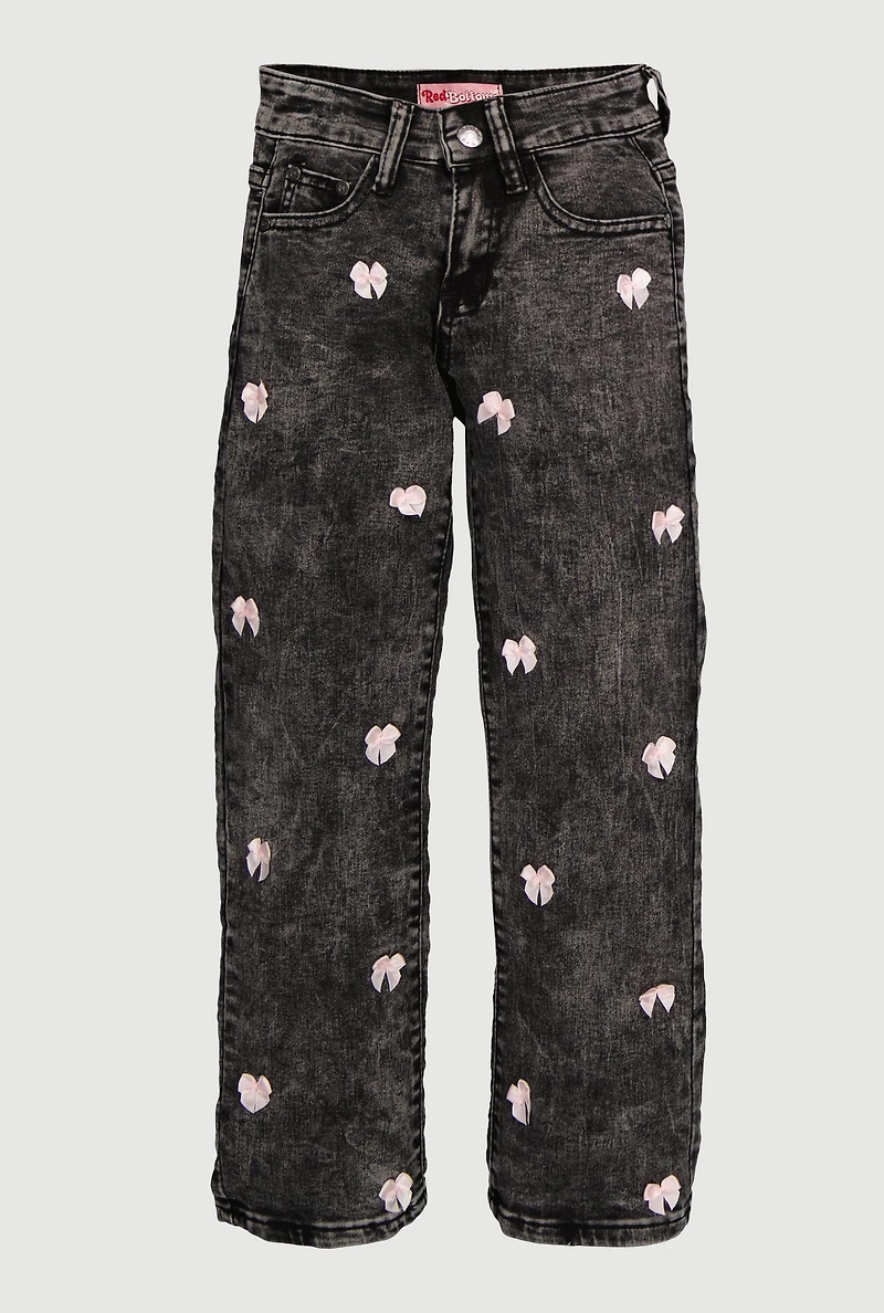 Girls Acid Wash Straight Leg Bow Detail Jeans, Grey, Size 7