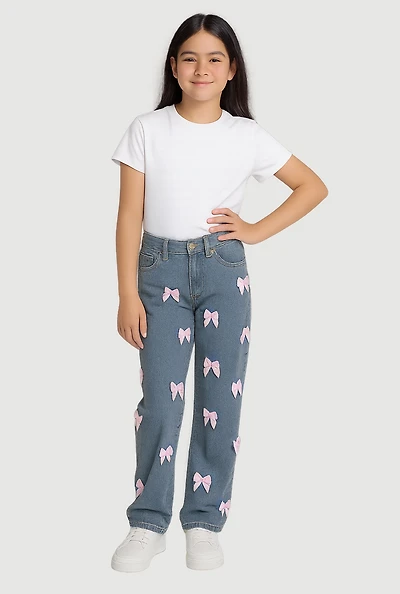 Girls Mineral Wash Bow Detail Straight Leg Jeans, Blue, Size 10