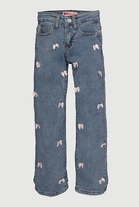 Girls Mineral Wash Bow Detail Straight Leg Jeans, Blue,