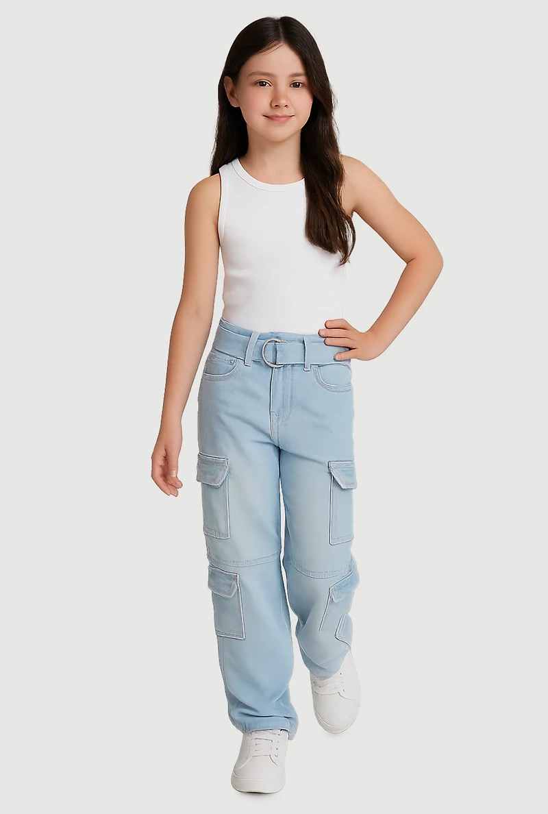 Girls D Ring Belted Cargo Straight Leg Jeans, Blue,