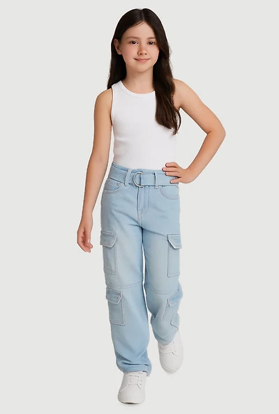 Girls D Ring Belted Cargo Straight Leg Jeans, Blue,