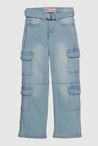 Girls D Ring Belted Cargo Straight Leg Jeans, Blue,