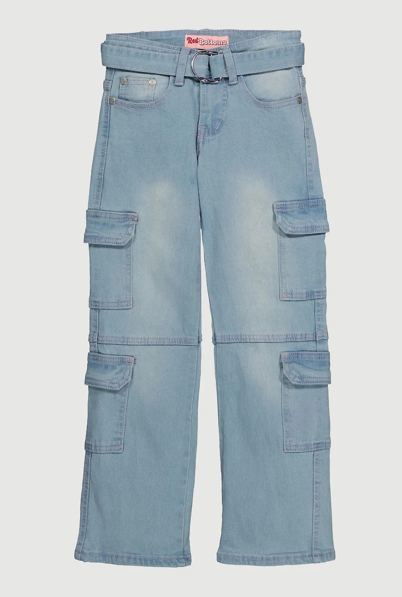 Girls D Ring Belted Cargo Straight Leg Jeans, Blue, Size 12