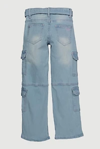 Girls D Ring Belted Cargo Straight Leg Jeans, Blue,