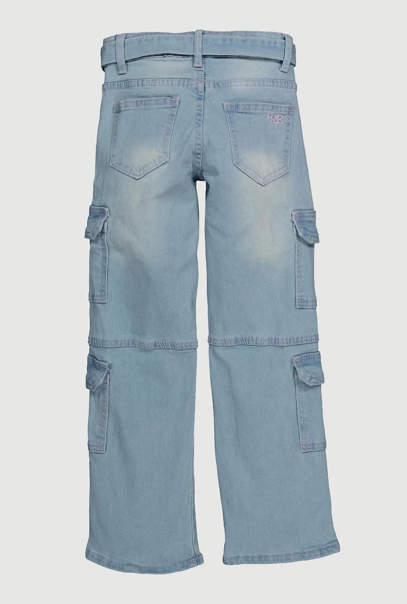 Girls D Ring Belted Cargo Straight Leg Jeans, Blue, Size 12