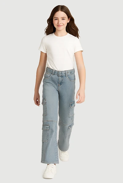 Girls Mineral Wash Straight Leg Utility Jeans with Belt, Blue, Size 16