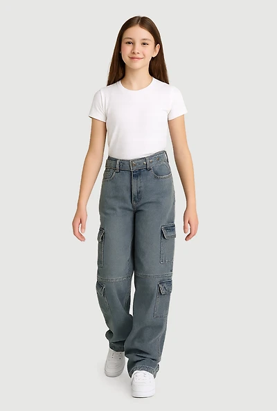 Girls Mineral Wash Straight Leg Utility Jeans with Belt, Blue, Size 14
