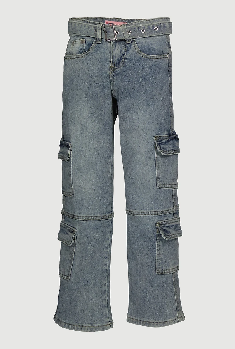 Girls Mineral Wash Straight Leg Utility Jeans with Belt, Blue,