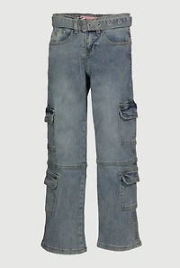 Girls Mineral Wash Straight Leg Utility Jeans with Belt, Blue,