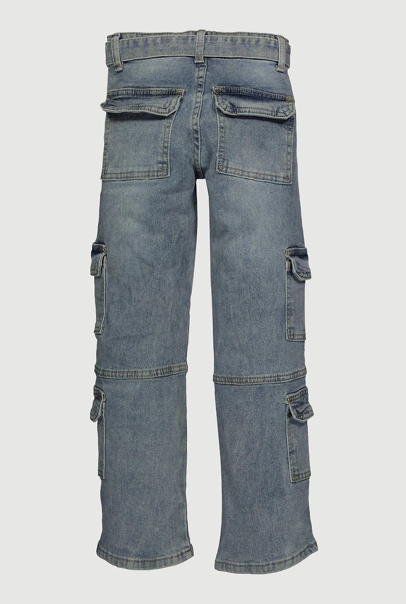 Girls Mineral Wash Straight Leg Utility Jeans with Belt, Blue,