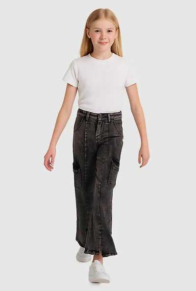 Girls Acid Wash Slit Front Pintuck Cargo Jeans, Grey, Size 14