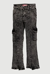 Girls Acid Wash Slit Front Pintuck Cargo Jeans, Grey, Size 12