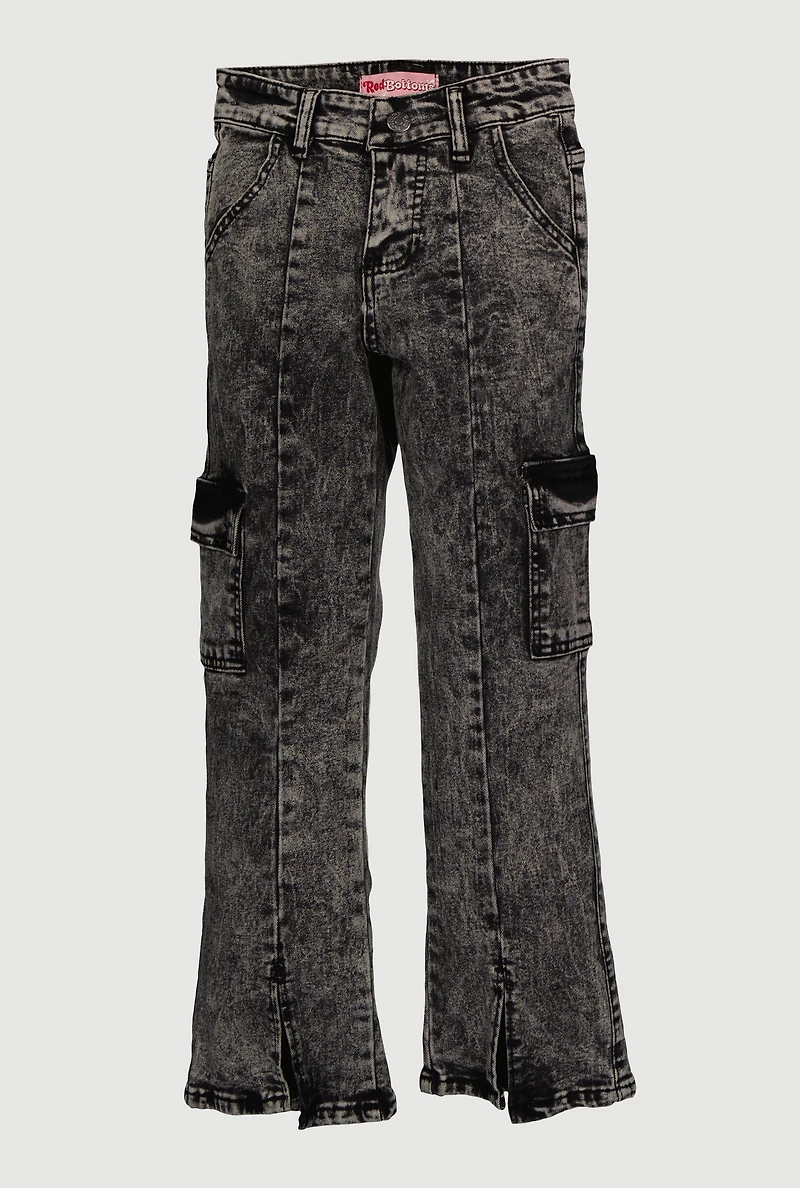 Girls Acid Wash Slit Front Pintuck Cargo Jeans, Grey, Size 14