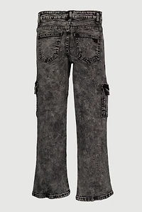 Girls Acid Wash Slit Front Pintuck Cargo Jeans, Grey, Size 12