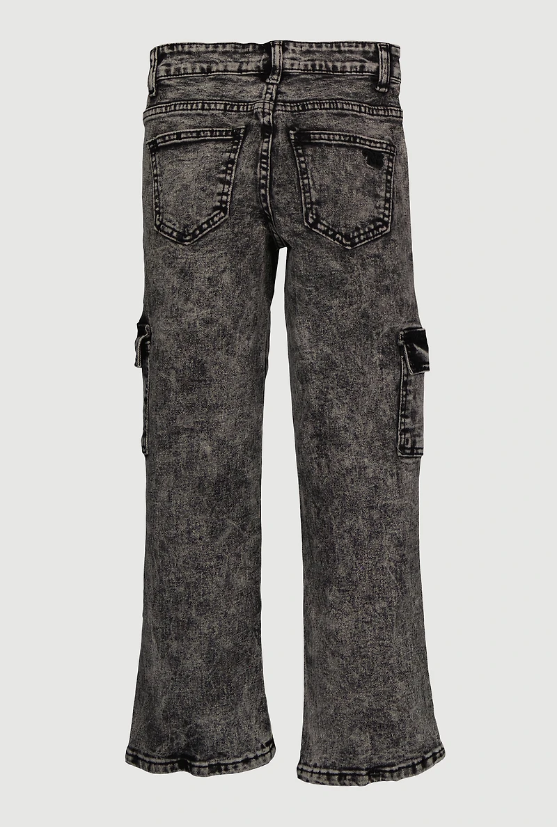 Girls Acid Wash Slit Front Pintuck Cargo Jeans, Grey, Size 14