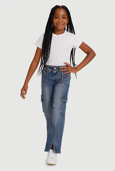 Girls Acid Wash Chain Belt Slit Front Jeans, Blue, Size 10