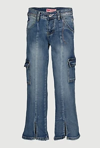 Girls Acid Wash Chain Belt Slit Front Jeans, Blue, Size 10