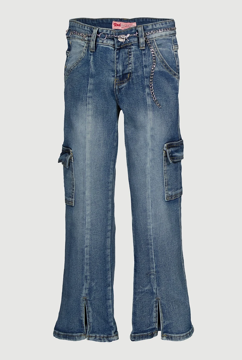 Girls Acid Wash Chain Belt Slit Front Jeans