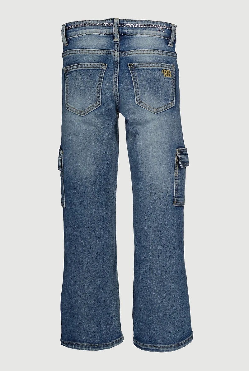 Girls Acid Wash Chain Belt Slit Front Jeans, Blue, Size 7