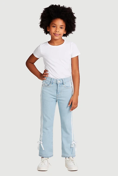 Girls Bow Varsity Stripe Side Jeans, Blue,
