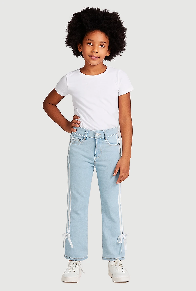 Girls Bow Varsity Stripe Side Jeans, Blue, Size 7