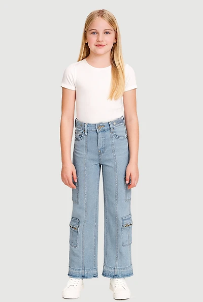 Girls Mid Rise Stretch Straight Leg Cargo Jeans, Blue, Size 14