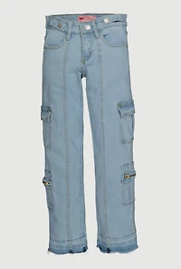 Girls Mid Rise Stretch Straight Leg Cargo Jeans, Blue, Size 14