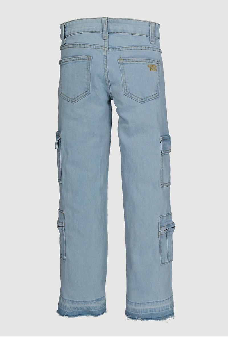 Girls Mid Rise Stretch Straight Leg Cargo Jeans, Blue,