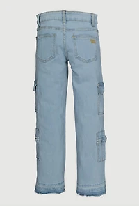 Girls Mid Rise Stretch Straight Leg Cargo Jeans, Blue, Size 16