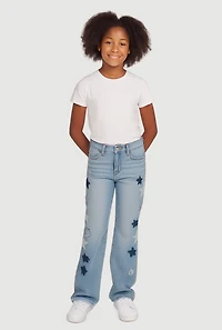 Girls Mid Rise Straight Leg Jeans with Star Stitching, Blue,