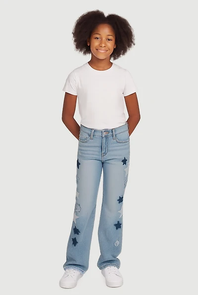 Girls Mid Rise Straight Leg Jeans with Star Stitching, Blue, Size 8