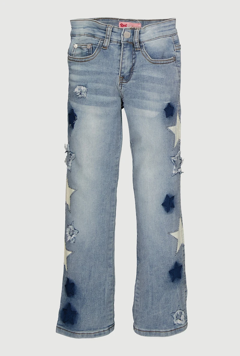 Girls Mid Rise Straight Leg Jeans with Star Stitching, Blue,