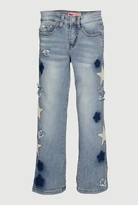 Girls Mid Rise Straight Leg Jeans with Star Stitching, Blue, Size 10