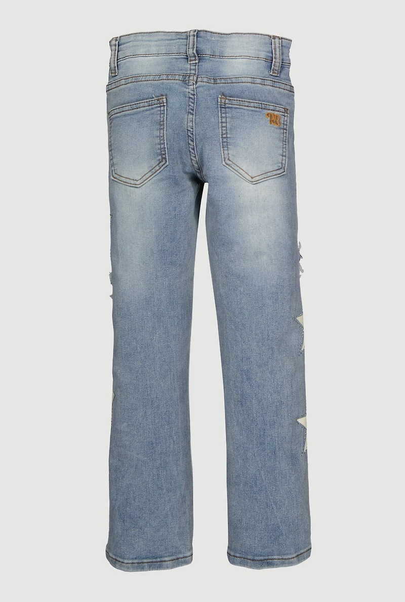 Girls Mid Rise Straight Leg Jeans with Star Stitching, Blue,