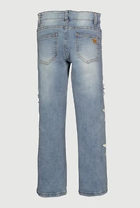 Girls Mid Rise Straight Leg Jeans with Star Stitching, Blue,