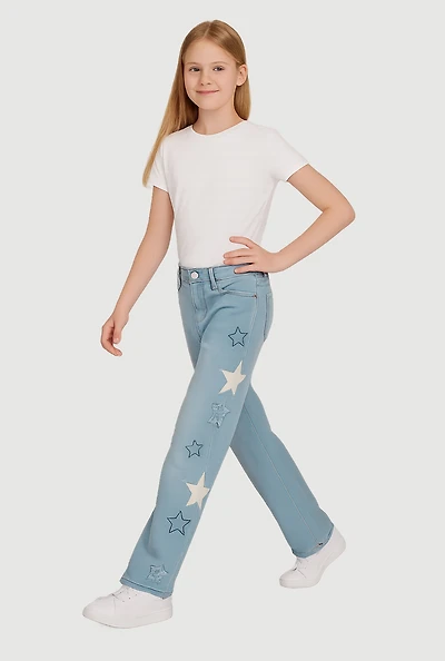 Girls Mid Rise Straight Leg Jeans with Star Stitching, Blue,