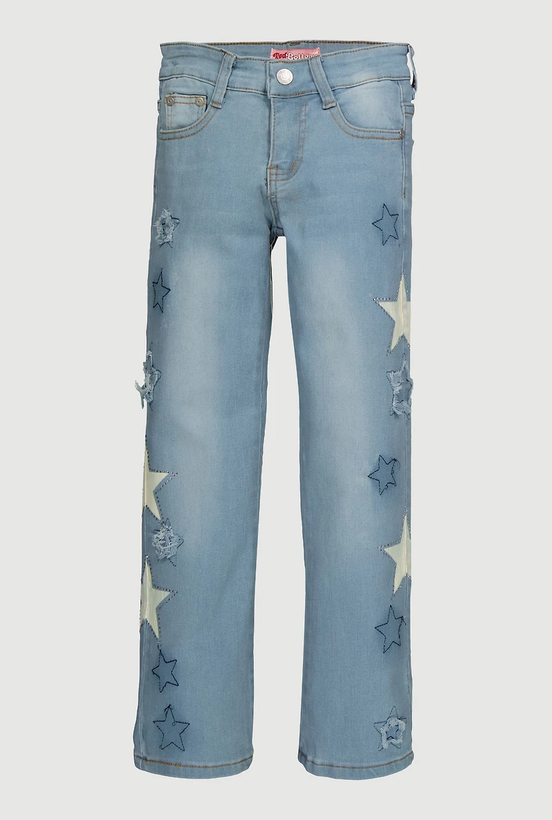 Girls Mid Rise Straight Leg Jeans with Star Stitching, Blue, Size 14