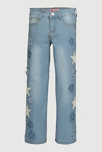 Girls Mid Rise Straight Leg Jeans with Star Stitching, Blue, Size 14