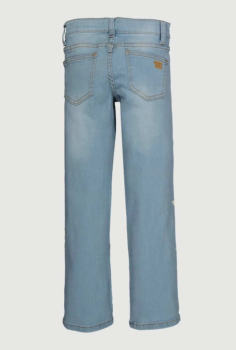 Girls Mid Rise Straight Leg Jeans with Star Stitching, Blue, Size 14