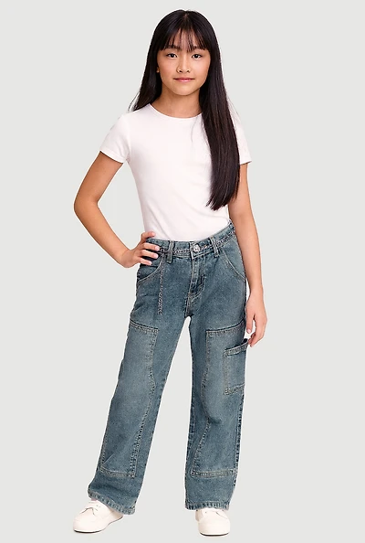 Girls Mid Rise Straight Leg Jeans with Chain Belt, Blue, Size 10